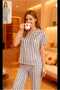 White Color Gray Striped Heart Pattern Shirt Collar Buttons Milan Fabric Women's Pajama Set - 3