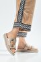 Women's Wedge Heel Slipper Beige Two-Stripe m Metal Buckle I - 4