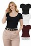 3-Piece Set Women's U-Neck Basic Blouse, Stretchy Corded Fabric Casual T-Shirt, Trend Casual Short Sleeve Blouse, T-Shirt