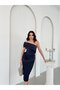 Navy Boat Neck Midi Evening Dress with Waist Detail - 2