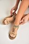 Y274601309 Ten Flat Sole Piece Stone Detailed Women's Set Sandals