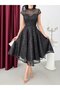 Black Shoulder Detail Lace Embroidered Sequined Midi Evening Dress - 6