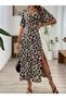 Women's Short Sleeve V-Neck Elastic Waist Slit Long Leopard Printed Piece Single Jersey Dress, Summer Dress - 8