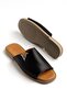 Genuine Leather Women's Flat Heels Slipper Black V Buckled Face Model