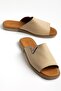 Genuine Leather Women's Flat Heels Slipper Beige V Buckled Face Model - 3