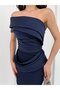 Navy Boat Neck Midi Evening Dress with Waist Detail - 5