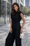 Women's Black Draped Detailed Asymmetrical Top and Pleated Wide-Leg Pants Double Set - 2