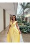 Women's Yellow Corset Detailed V-Neck Maxi Dress Yel221695