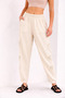 Women's Beige Elastic Waist Mesh Detailed Linen Pants Nj121
