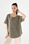 Women's Khaki Embroidered Sequined Linen Blouse Nj122 - 3