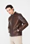 Brown Quilted Detailed Zippered Modern Genuine Leather Jacket - 5