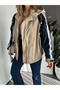 Beige Hooded Trench Coat with Striped Sleeves - 6