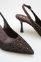 Women's Brown Black Stone Detailed Fabric Evening Dress Stiletto Heeled Shoes - 3