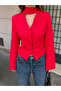 Red Padded Shoulders Jacket with Scarf - 85175 - 2