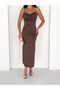 Silver Dots Satin Midi Dress-Brown - 3