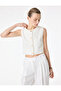 Beige Gold Button Detail And Floral Textured Fabric Slim Fit Crew Neck Vest - 2