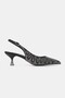 Women's Black Stone Satin Short-Heel Shoes with Pointed Toe and Open Back