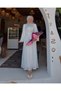 Shirt Collar Button and Stone Detailed Belted Long Hijab Balloon Sleeve Ruched Dress - 2
