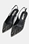 Women's Black Stone Satin Short-Heel Shoes with Pointed Toe and Open Back - 2
