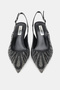 Women's Black Stone Satin Short-Heel Shoes with Pointed Toe and Open Back - 4