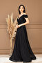 Silvery Fabric Boat Neck Evening Dress - Black - 7