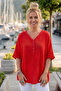 Red V-Neck Short Sleeve Buttoned Collar and Cuff Ruffles Casual Muslin Oversized Woven Blouse 77 70 - 3