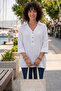 White Shirt Collar Buttons 3/4 Sleeve Side Buttons Casual Muslin Woven Blouse 67 67 - 3