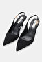 Women's Black Satin Short-Heeled Shoes with Pointed Toe and Open Back - 2