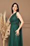 Glittery Tulle Pleated Detailed Long Evening Dress - Emerald Green - 3