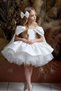Girl's Off-The-Shoulder Bow Detail Boat Neckline Lined Fluffy Skirt White Evening Dress - 6