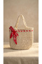 Scarf Detailed Knitted Beach Bag Si - Cream Mesh Shoulder Bag - 6