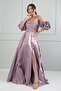 Women's Stone Detailed Strapless Balloon Sleeves Lined Long Satin Dress