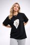 Women's Printed Detail Oversize Bol Cut T-Shirt with Cycling Neck