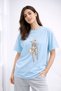Women's Printed Detail Oversize Bol Cut T-Shirt with Cycling Neck