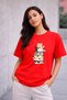 Women's Printed Detail Oversize Bol Cut T-Shirt with Cycling Neck