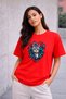 Women's Printed Detail Oversize Bol Cut T-Shirt with Cycling Neck