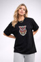 Women's Printed Detail Oversize Bol Cut T-Shirt with Cycling Neck
