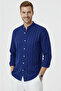 Navy Blue Stripe Textured Premium Collar Comfortable Fit Wrinkle Viscose Linen Men's Shirt 2602621 - 4