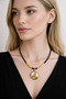 Natural Stone-Looking Black Beaded Women's Necklace with Butterfly Figure, Gold Color Detailed Stylish Necklace