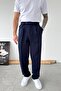Navy Blue Pleated Baggy Design Fabric Trousers