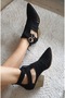 Women's Black Suede Buckled Sheer Short Block Heel Zipper Stylish Western Summer Cowboy Boots Shoes - 4