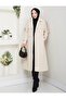Women's Beige Belted Double-Breasted Collared Coat 125cm