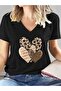 Women's V-Neck Heart Printed Black/White T-Shirt Oversized Casual