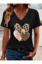 Women's V-Neck Heart Printed Black/White T-Shirt Oversized Casual - 2