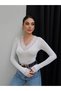 Women's White V-Neck Lace Detailed Long Sleeve Stretchy Viscose Blouse - 6