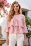 Women's Layered Front, Three-Quarter Sleeves, Woven Fabric Relaxed Fit Bluz - 3