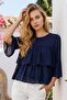 Women's Layered Front, Three-Quarter Sleeves, Woven Fabric Relaxed Fit Bluz