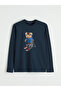 Navy Blue Crew Neck Bear Teddy Printed Men's Pajama Set - 6