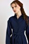 Button Closure Belt Detailed Flared Dress with Cotton Panels Dark Blue 9419-E - 6