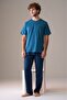 Men's Short Sleeve Buttoned Collar 100% Cotton Pajama Set Dark Blue - 3